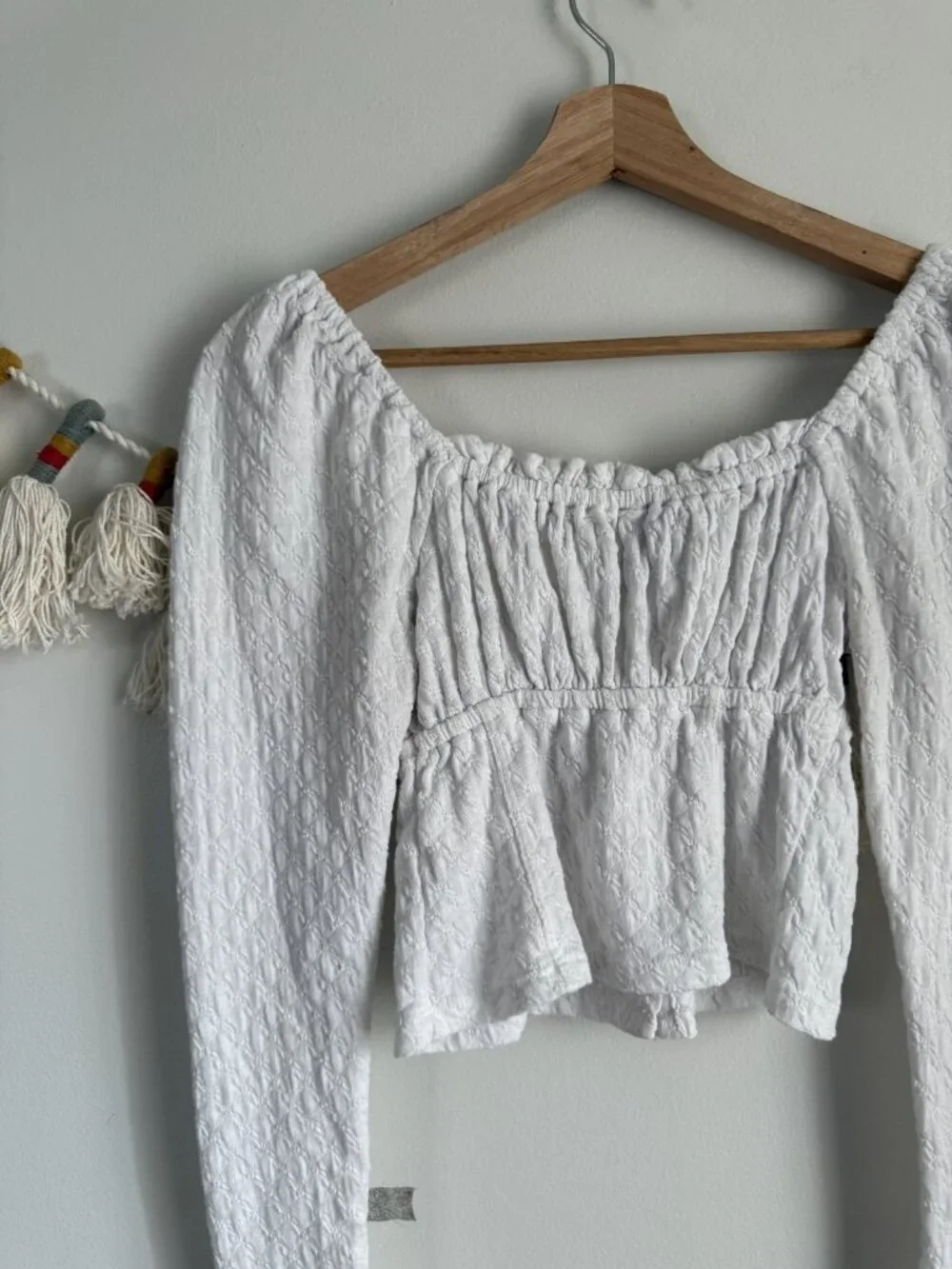 Free People Textured Ruched Button Front Long Sleeve Crop Top White Festival XS